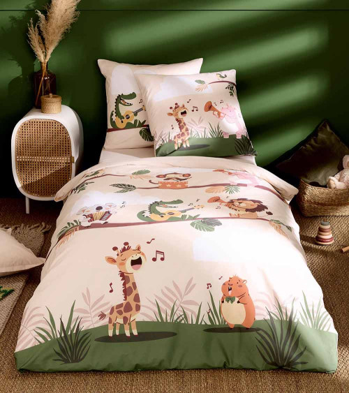 Taie d'oreiller percale JUNGLE BAND, linge de lit pour enfant, fabriqué en France, motif animaux de la savane 2