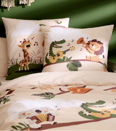 Taie d'oreiller percale JUNGLE BAND, linge de lit pour enfant, fabriqué en France, motif animaux de la savane