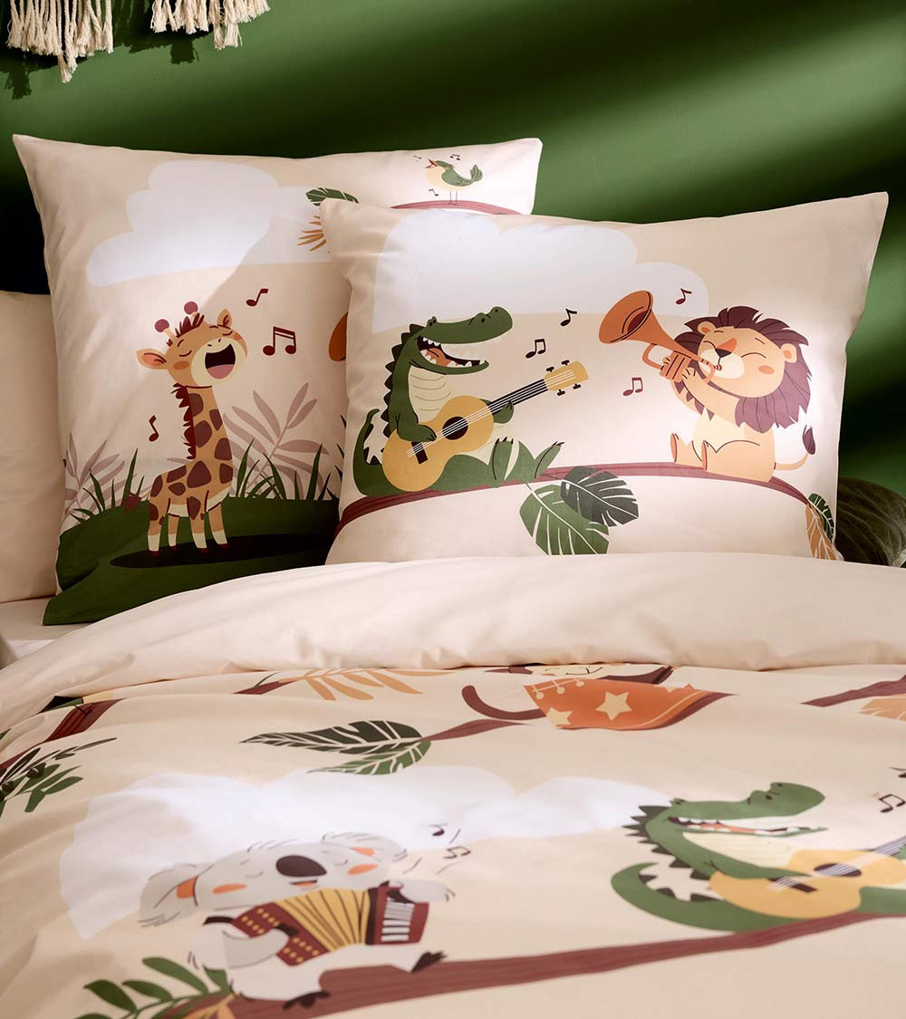 Housse de couette percale JUNGLE BAND, linge de lit pour enfant, fabriqué en France, animaux de la savane