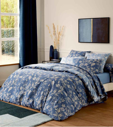 Taie d'oreiller percale de coton ELOÏSE ARDOISE, linge de lit bleu à motif floral, taie réversible, fabriqué en France
