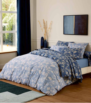 Housse de couette percale de coton ELOÏSE ARDOISE, linge de lit fabriqué en France, housse réversible, motif floral bleu