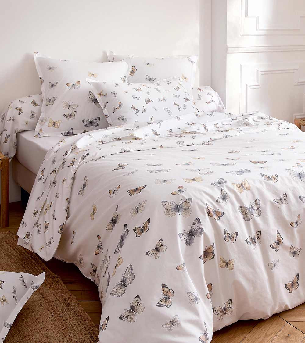 Taie d'oreiller percale de coton ENVOL BLANC, linge de lit fabriqué en France, motif papillons sur fond blanc