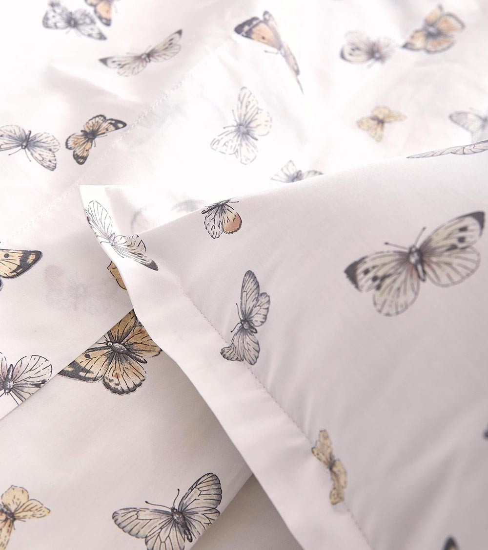 Taie d'oreiller percale de coton ENVOL BLANC, linge de lit fabriqué en France, motif papillons sur fond blanc