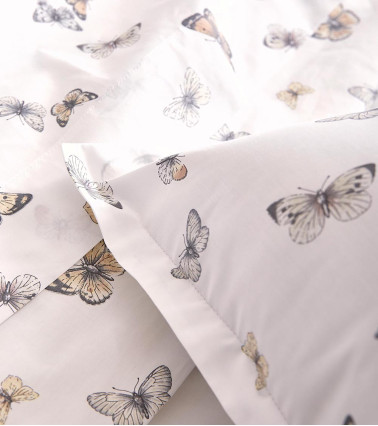 Taie d'oreiller percale de coton ENVOL BLANC, linge de lit fabriqué en France, motif papillons sur fond blanc