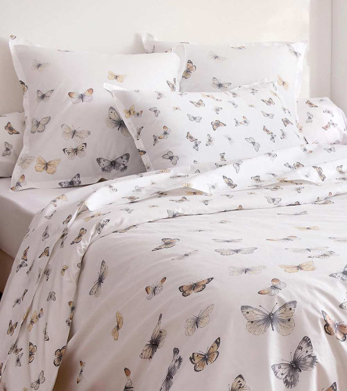 Taie d'oreiller percale de coton ENVOL BLANC, linge de lit fabriqué en France, motif papillons sur fond blanc 2