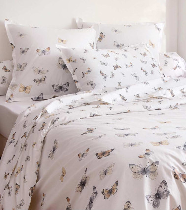 Taie d'oreiller percale de coton ENVOL BLANC, linge de lit fabriqué en France, motif papillons sur fond blanc