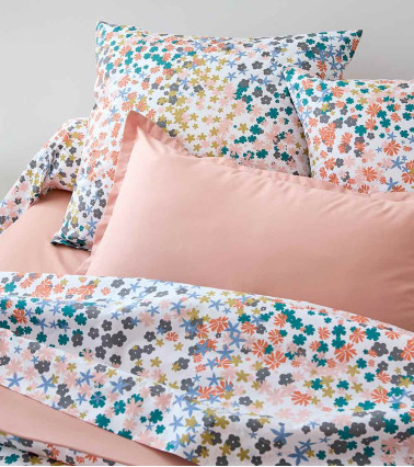 Drap de lit percale de coton LOLITA OPALE, linge de lit fabriqué en France, motif multicolore fleuri, rose poudré