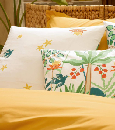 Taie d'oreiller percale CALYPSO, linge de lit fabriqué en France, motif végétaux design, blanc, jaune, vert, oiseau