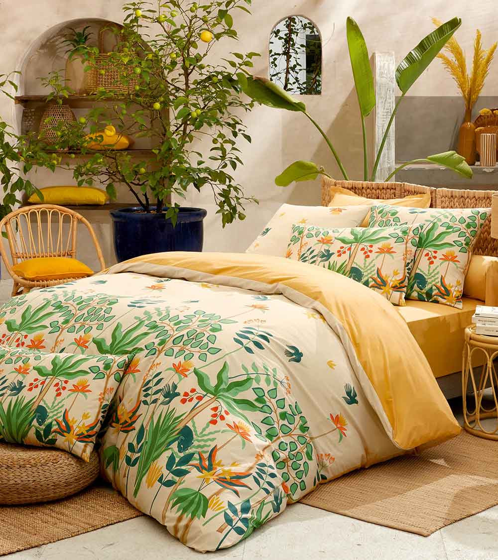 Housse de couette percale CALYPSO, linge de lit fabriqué en France, motif végétal, blanc, jaune, vert
