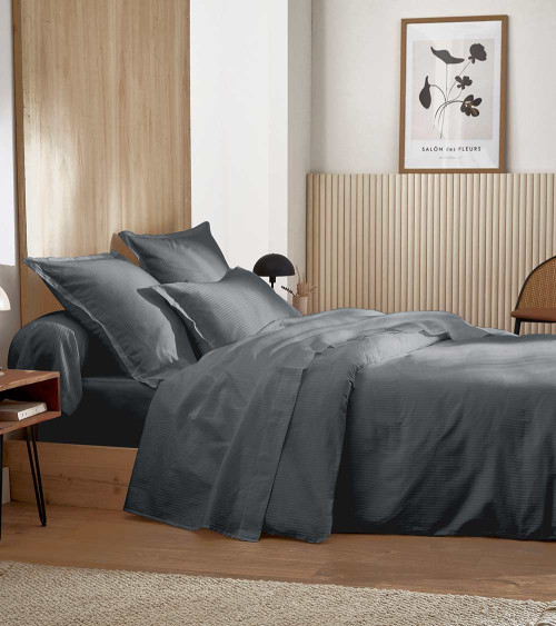 Taie de traversin satin GRAND HÔTEL GRAPHITE, linge de lit fabriqué en France, gris anthracite à rayures 2