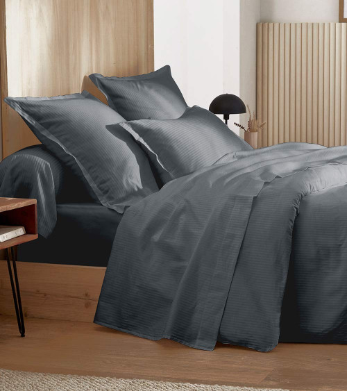 Housse de couette satin GRAND HÔTEL GRAPHITE, linge de lit fabriqué en France, uni gris anthracite rayé 2