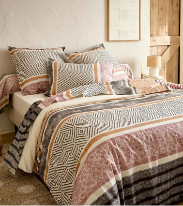 Taie d'oreiller coton ATELIER CAFÉ, linge de lit fabriqué en France, imprimé naturel motif géométrique