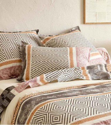 Taie d'oreiller coton ATELIER CAFÉ, linge de lit fabriqué en France, imprimé naturel motif géométrique