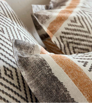 Taie d'oreiller coton ATELIER CAFÉ, linge de lit fabriqué en France, imprimé naturel motif géométrique