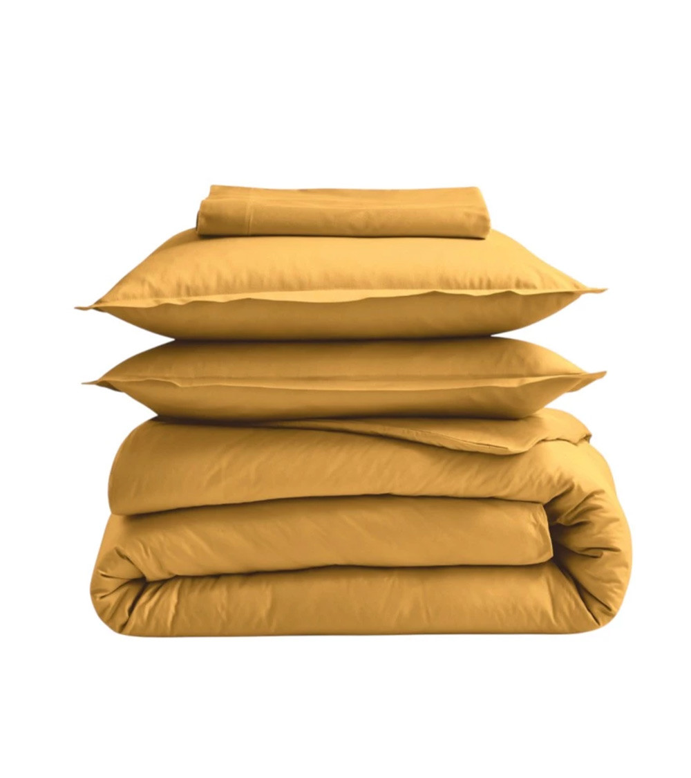Taie de traversin unie coton BIO MIRABELLE, linge de lit uni fabriqué en France, uni jaune moutarde