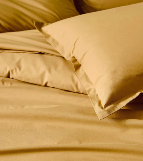 Drap de lit uni coton BIO MIRABELLE, linge de lit uni fabriqué en France, uni jaune moutarde