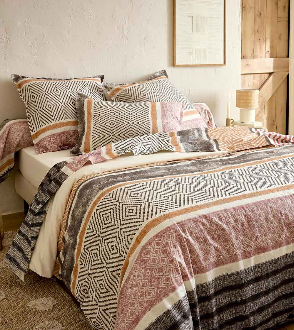 Taie de traversin coton ATELIER CAFÉ, linge de lit fabriqué en France, imprimé motif géométrique naturel