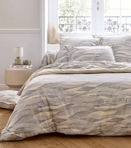 Drap de lit coton ONDE BLEU, linge de lit fabriqué en France, motif de vague, mer, lignes ondulés, bleu et blanc cassé, écru