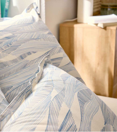 Drap de lit coton ONDE BLEU, linge de lit fabriqué en France, motif de vague, mer, lignes ondulés, bleu et blanc cassé, écru