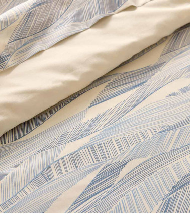 Drap de lit coton ONDE BLEU, linge de lit fabriqué en France, motif de vague, mer, lignes ondulés, bleu et blanc cassé, écru