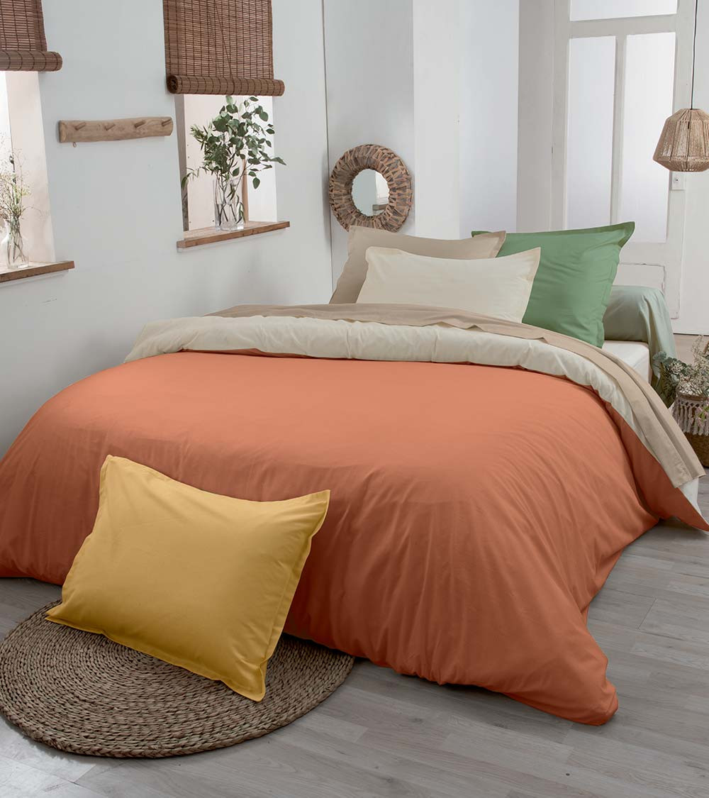 Gamme Coton bio, Drap housse uni coton BIO OCRE, linge de lit fabriqué en France, uni argile, terracotta, orange rouge