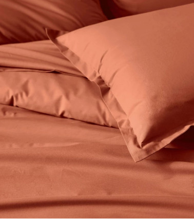 Taie de traversin unie coton BIO OCRE, linge de lit uni fabriqué en France, uni argile terracotta, orange, rouge