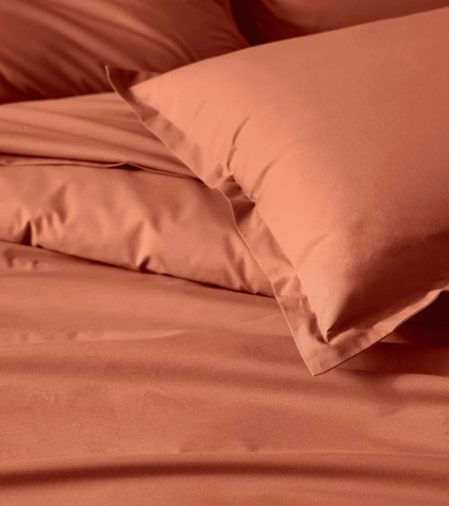Drap de lit uni coton BIO OCRE, linge de lit uni fabriqué en France, uni argile terracotta rouge orange