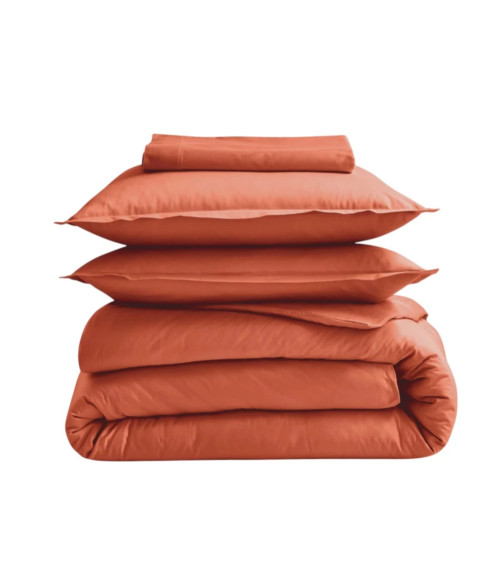 Drap housse uni coton BIO OCRE, linge de lit fabriqué en France, uni argile, terracotta, orange rouge 2
