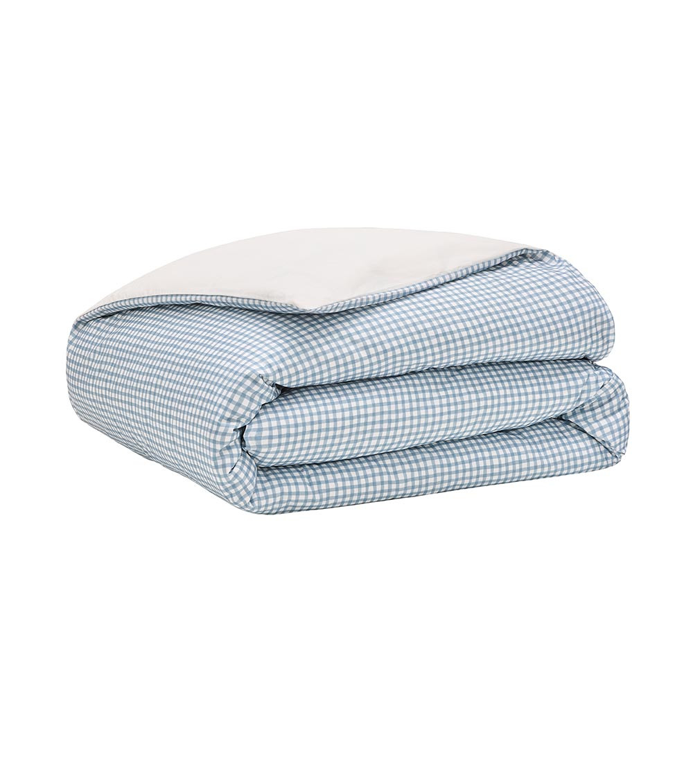 Housse de Couette Percale MINI VICHY CÉLESTE, linge de lit fabriqué en France, motif carreaux bleus sur fond blanc
