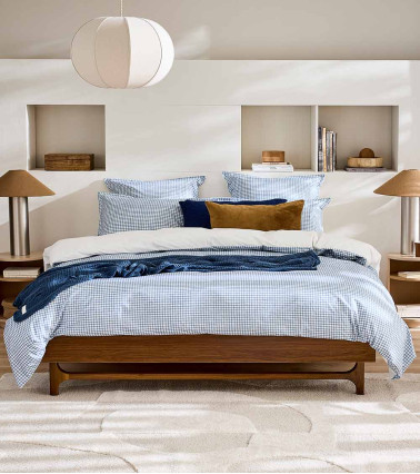 Taie d'Oreiller Percale MINI VICHY CÉLESTE, linge de lit fabriqué en France, imprimé motif carreaux bleus sur fond blanc