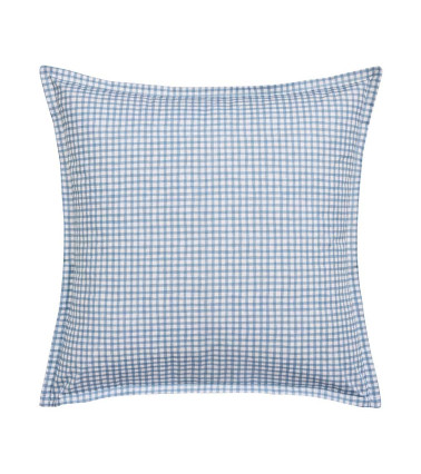 Taie d'Oreiller Percale MINI VICHY CÉLESTE, linge de lit fabriqué en France, imprimé motif carreaux bleus sur fond blanc
