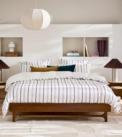 Housse de Couette Percale ÉPURE, linge de lit imprimé, fabriqué en France, motif lignes prune sur fond blanc 2