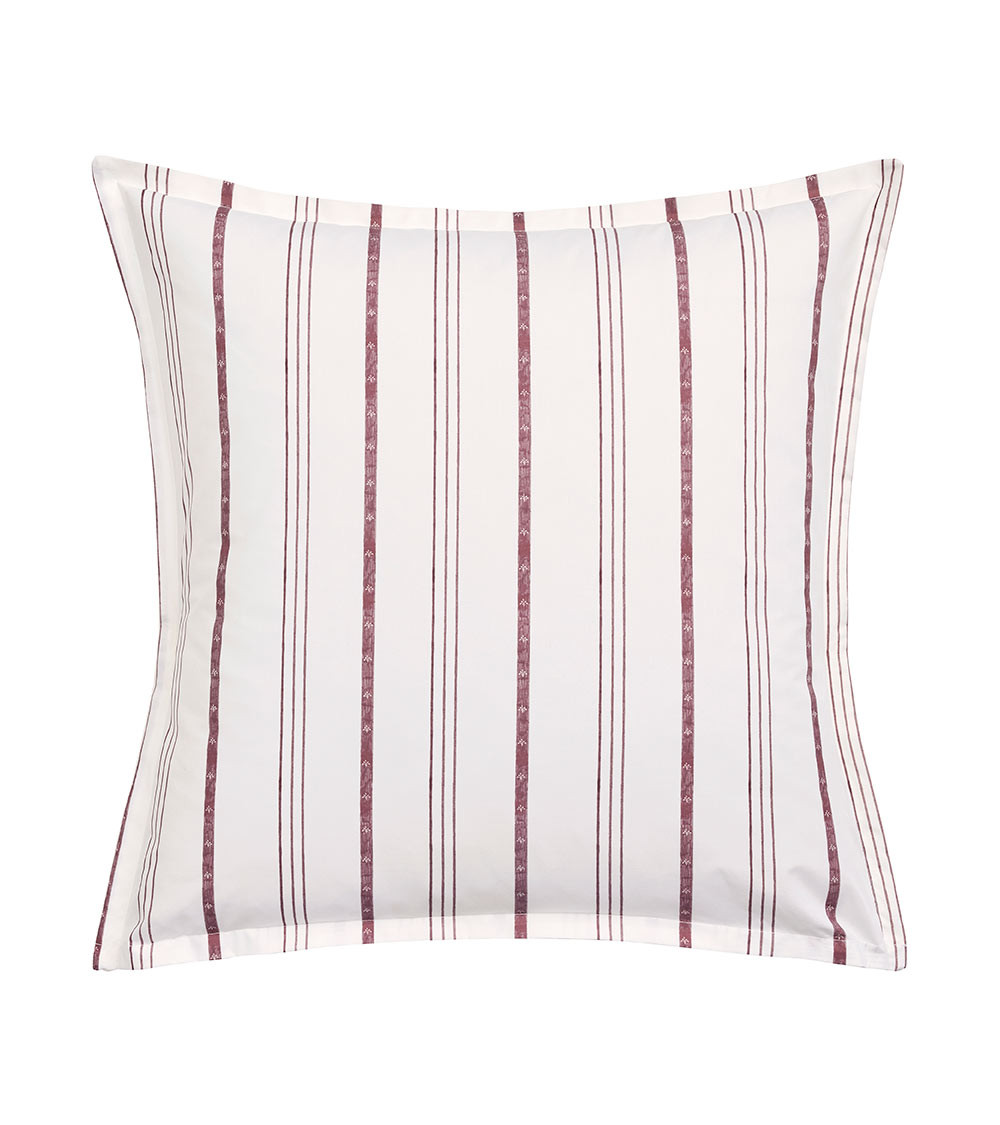 Taie d'Oreiller Percale ÉPURE, linge de lit imprimé fabriqué en France, motif lignes rayé prunes sur fond blanc