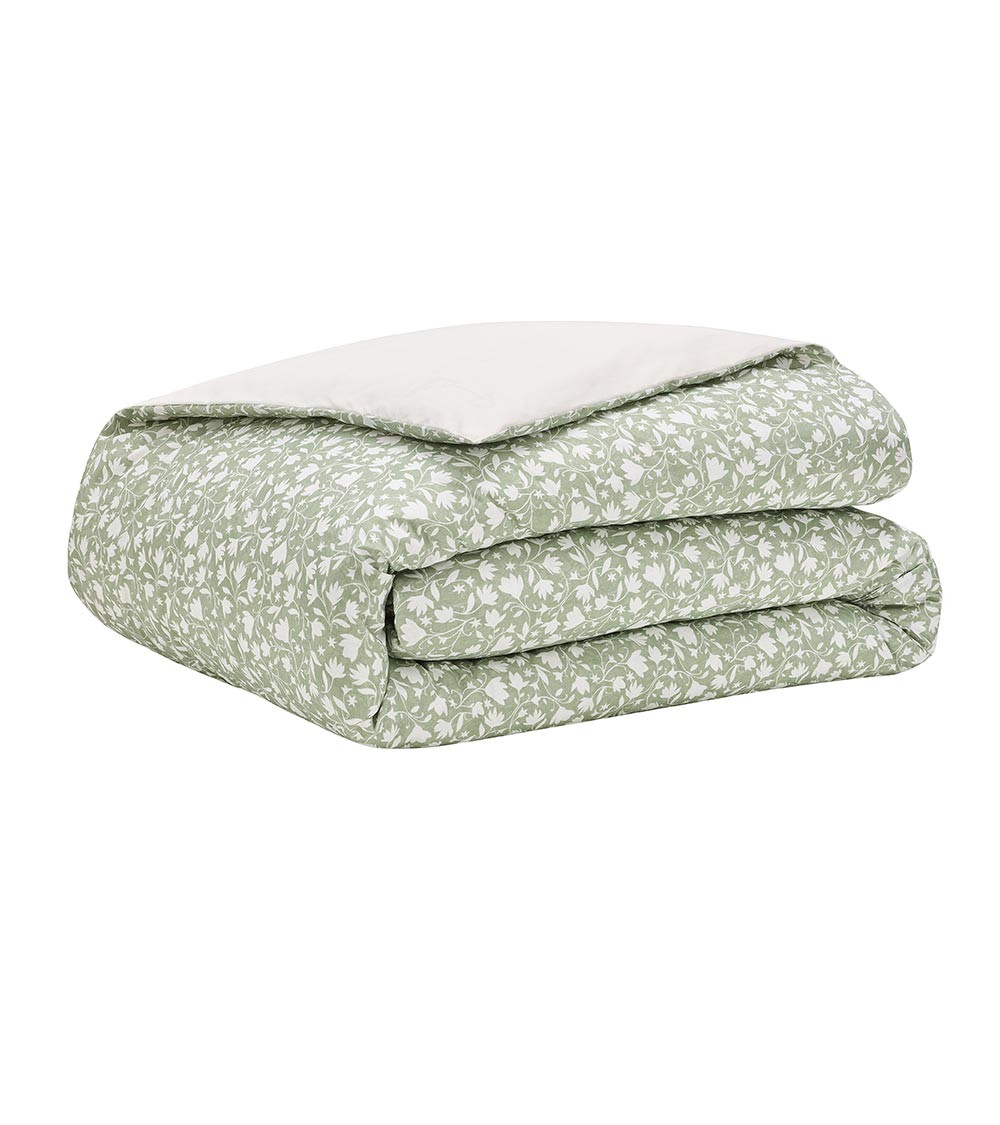 Housse de Couette Percale ARABESQUE, linge de lit imprimé fabriqué en France, motif fleuri feuillages, vert amande, blanc cassé