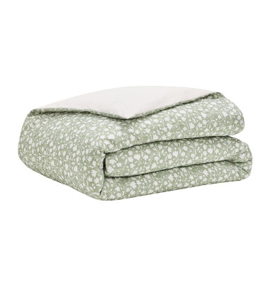 Housse de Couette Percale ARABESQUE, linge de lit imprimé fabriqué en France, motif fleuri feuillages, vert amande, blanc cassé
