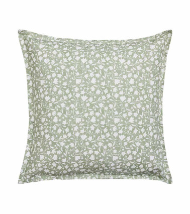 Taie d'Oreiller Percale ARABESQUE, linge de lit imprimé fabriqué en France, motif fleuri végétale vert amande et blanc cassé
