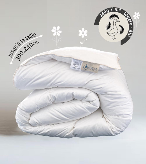 Couette duvet d'oie légère Castex été 140g/m², luxueuse et gonflante, enveloppe en satin de coton bio thermorégulé