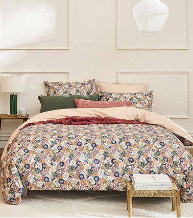 Housse de Couette Percale OHANA, linge de lit imprimé fabriqué en France, motif fleuri feuillages multicolore, jungle