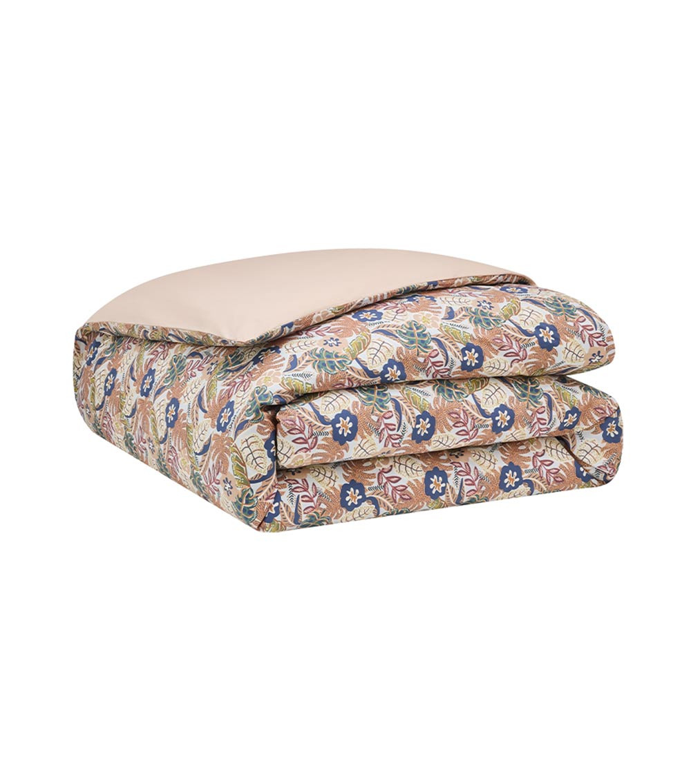 Housse de Couette Percale OHANA, linge de lit imprimé fabriqué en France, motif fleuri feuillages multicolore, jungle