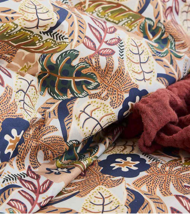 Taie d'Oreiller Percale OHANA, linge de lit imprimé fabriqué en France, motif fleuri végétale jungle multicolore