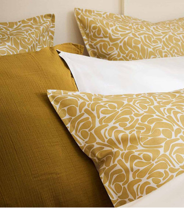 Housse de Couette Percale HÉRA, linge de lit imprimé fabriqué en France, motif abstrait arrondi, jaune doré, gris perle