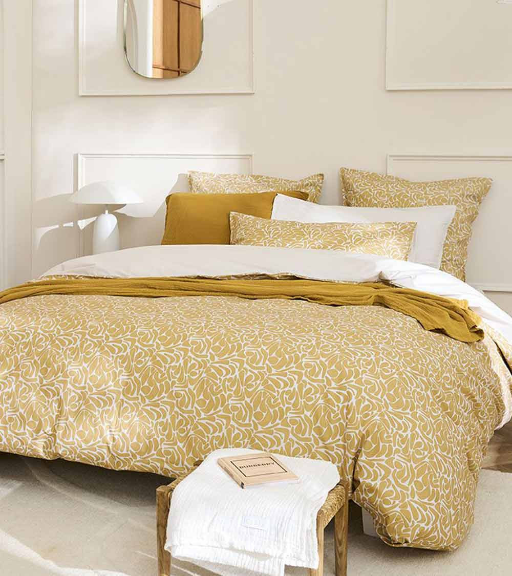 Housse de Couette Percale HÉRA, linge de lit imprimé fabriqué en France, motif abstrait arrondi, jaune doré, gris perle