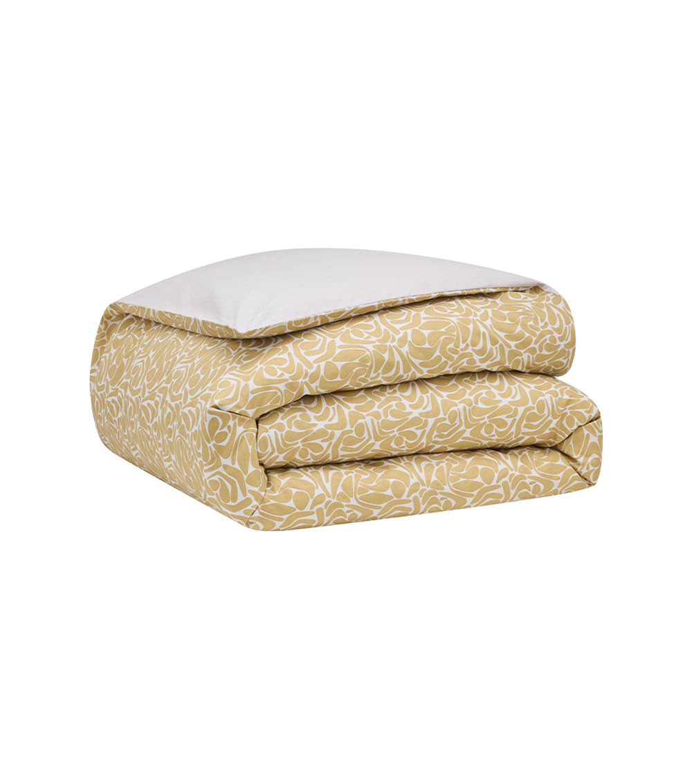 Housse de Couette Percale HÉRA, linge de lit imprimé fabriqué en France, motif abstrait arrondi, jaune doré, gris perle