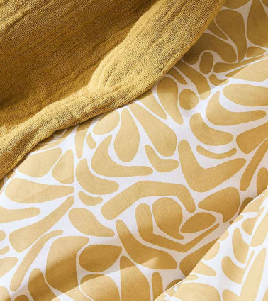 Housse de Couette Percale HÉRA, linge de lit imprimé fabriqué en France, motif abstrait arrondi, jaune doré, gris perle