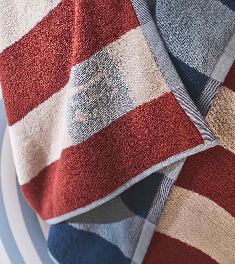 Drap de plage Transat Marin jacquard de coton, serviette de plage rayé bleue blanche et rouge