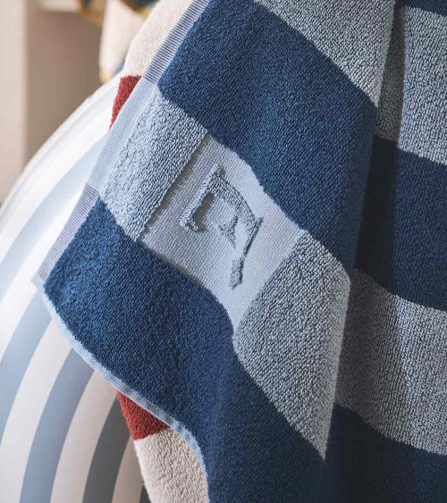 Drap de plage Transat Marin jacquard de coton, serviette de plage rayé bleue blanche et rouge