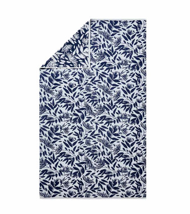 Drap de plage Bréhat jacquard de coton, serviette de plage imprimé floral bleu et blanc