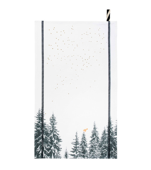 Torchon Bertille 50 x 70, 50x70 cm, imprimé forêt de sapins, sérigraphie sur coton biologique, fabriqué au Portugal