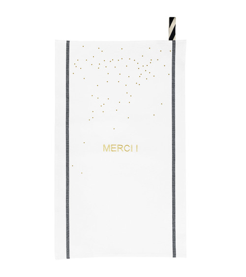 Torchon Merci Or 50 x 70, 50x70 cm, imprimé texte doré, coton biologique, fabriqué au Portugal