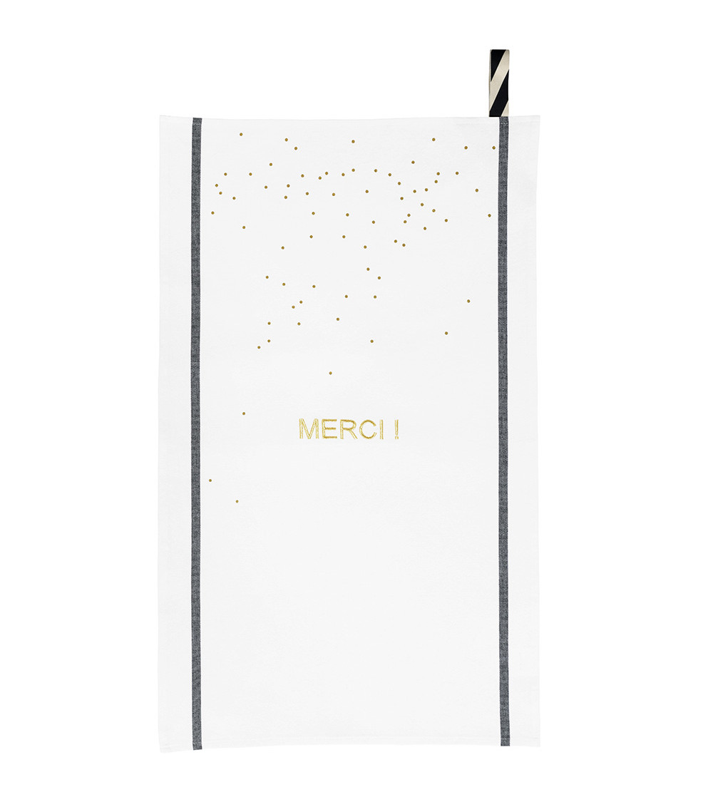 Torchon Merci Or 50 x 70, 50x70 cm, imprimé texte doré, coton biologique, fabriqué au Portugal